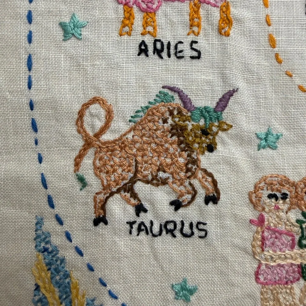 Vintage Zodiac Astrology Hand Finished Cross Stitch Bohemian Folk Art Embroidery